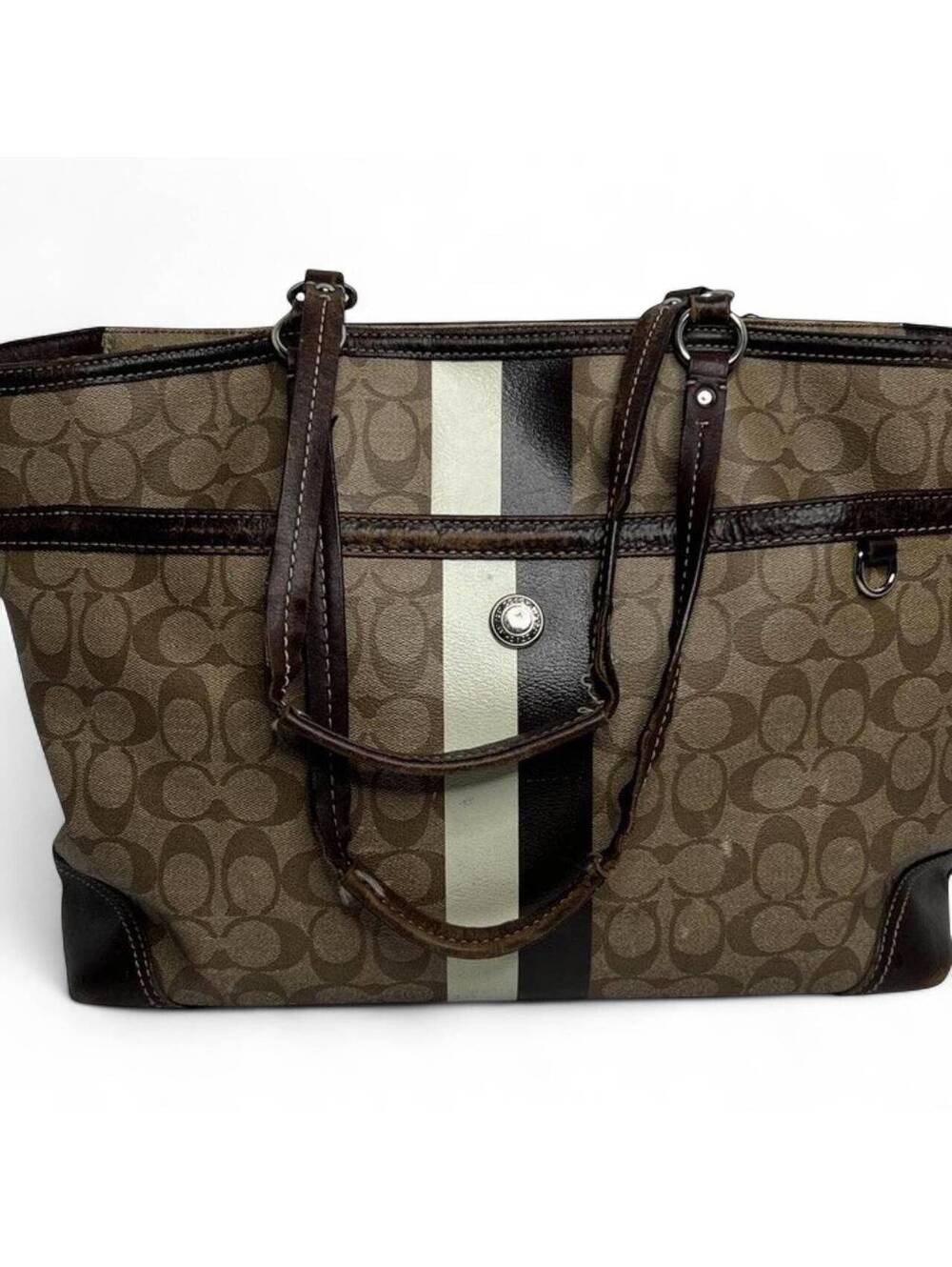 Coach Signature Canvas Tote Bag w Leather Trim & Stripe